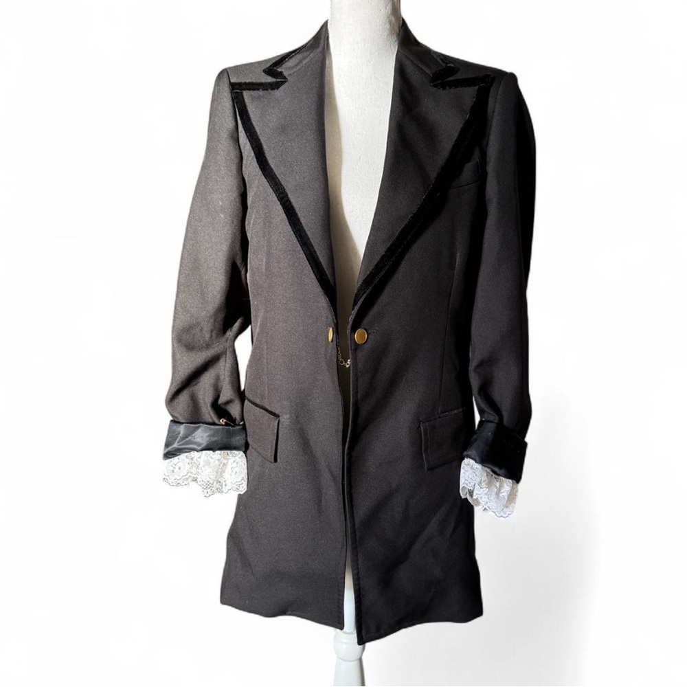 Vintage Medalist Stanbury Black Dinner Blazer with Velvet Trim Lace Cuffs Unisex